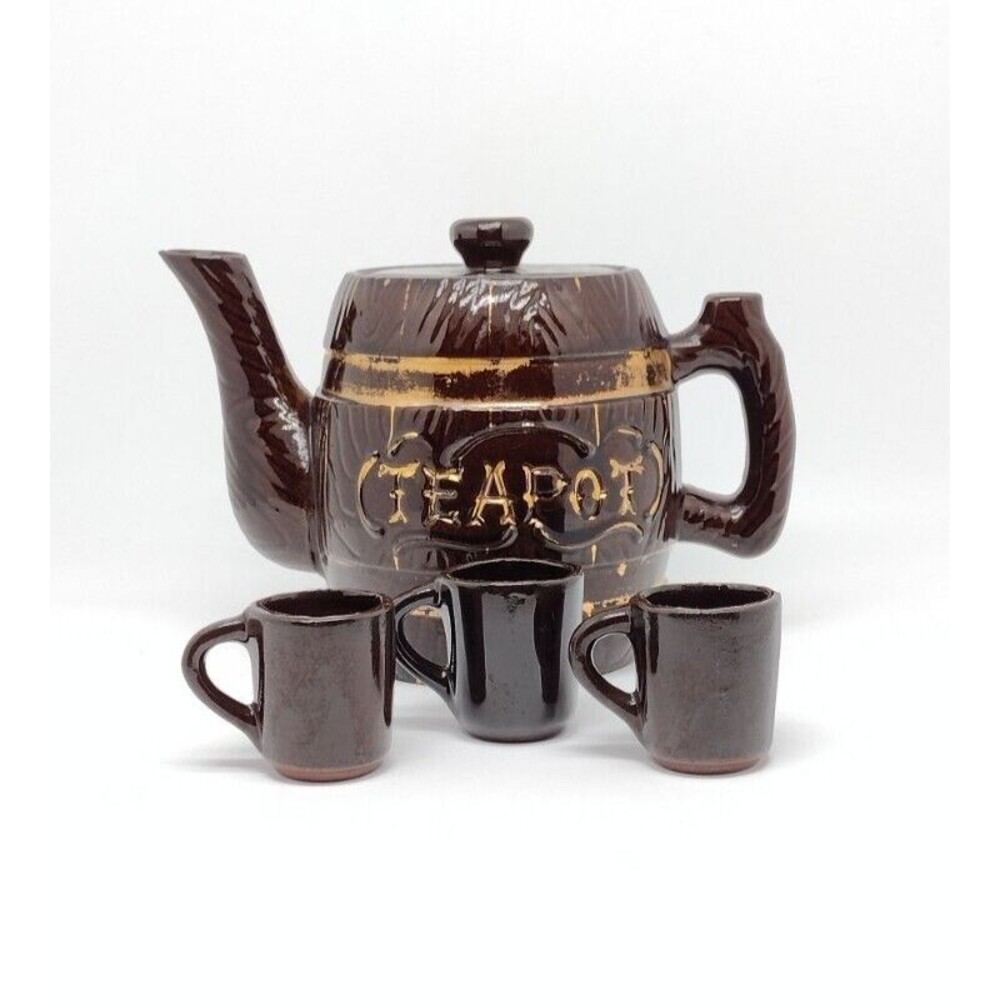 VTG 5" Barrel Teapot With 3 Mini Sipping Cups MCM Brown Gold Pottery Small Japan